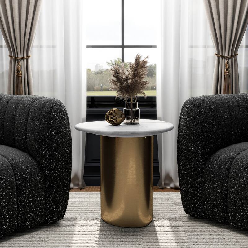 Furniture of America Luvien Modern White Sintered Stone Top End Table with Gold Pedestal Base