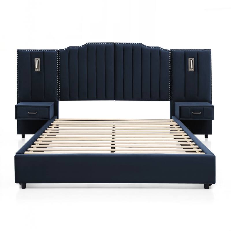 Queen Size Upholstered Bed Frame , Vertical Stripe Design with Buttons Around Platform Bed with Headboard