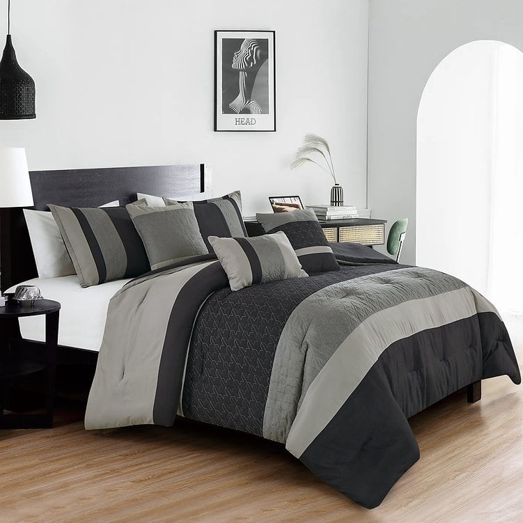 6 Piece Black & Gray Comforter Set Embroidery Soft Bedding - King