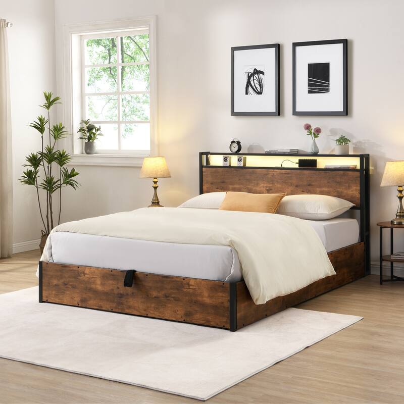 Sturdy Full Size Lift-up Storage Bed Frame w/ Bookcase Headboard & LED Lights Wooden Platform Bed w/ Charging Station