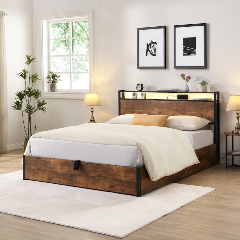 Wooden Platform Bed with Bookcase and LED