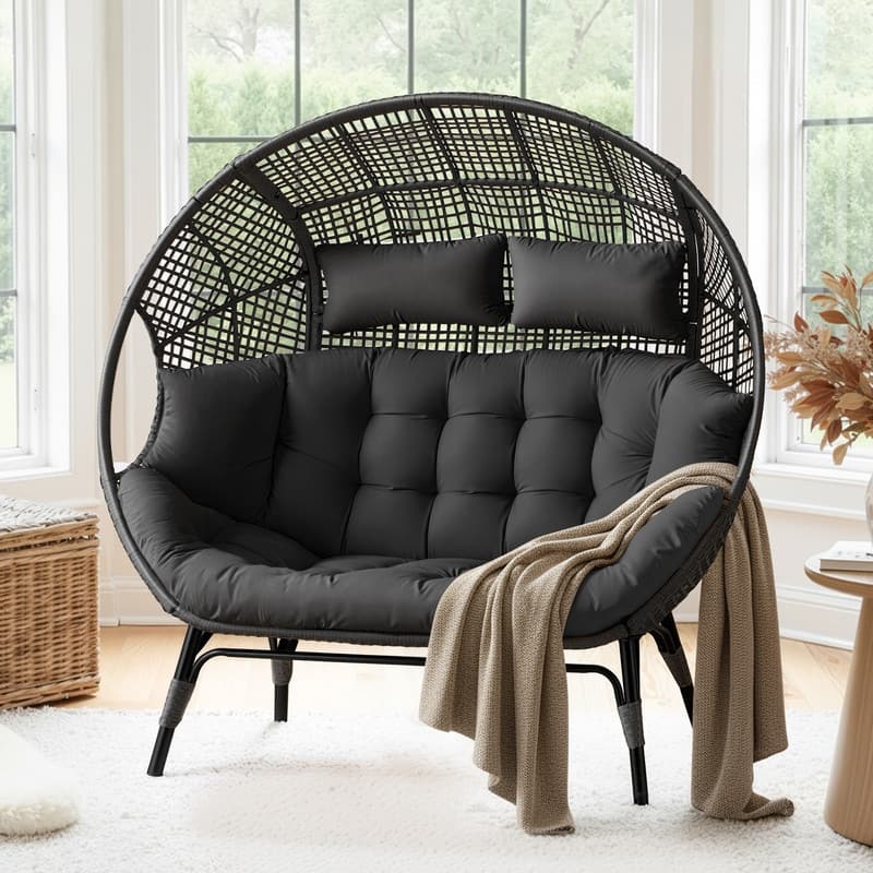 FINCATI 2-Person Indoor/Outdoor Wicker Egg Chair Loveseat, 57.1-in Wide, 6.5-in Cushion, 680-lb Capacity
