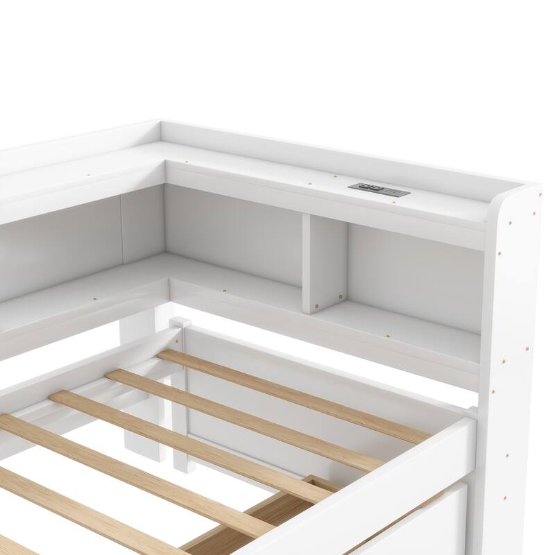 Twin Size L-shaped Bookcases Bed with Power Outlets, USB Charging Ports,Two Drawers