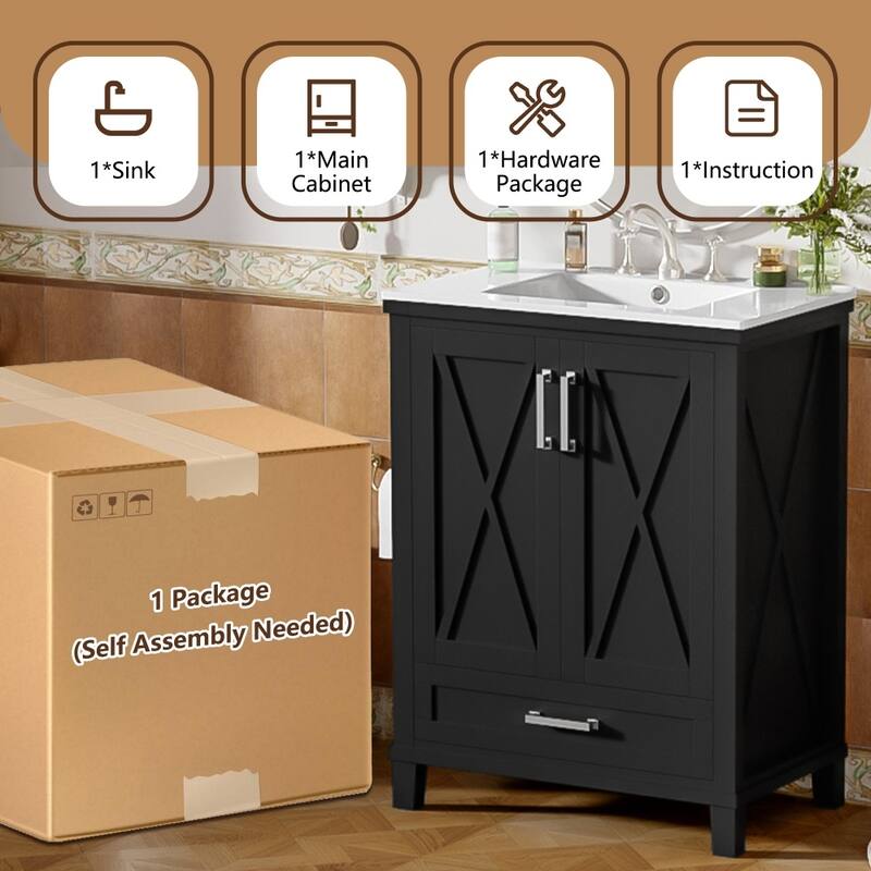 24" Bathroom Vanity with Single Sink, 2 Soft-Close Doors, 1 Divided Drawer, Dual Storage Shelves