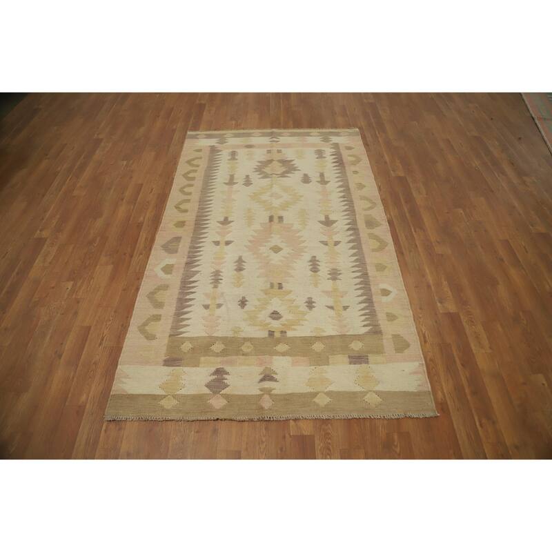 Hand Woven Oriental 100% Wool Carpet Southwestern Tribal Beige & Ivories Kilim Area Rug - 6' 6'' X 4' 0''