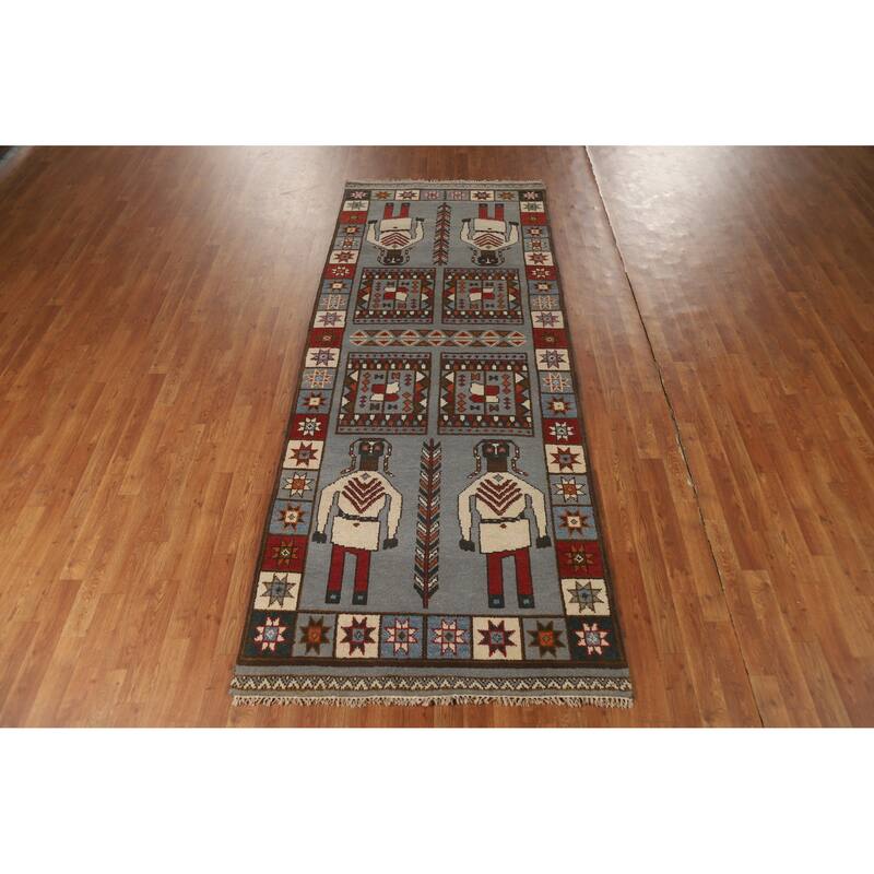 Hand Knotted Oriental 100% Wool Carpet Traditional Tribal Greys & Charcoal Heriz (serapi) Runner Rug - 9' 9'' X 3' 10''