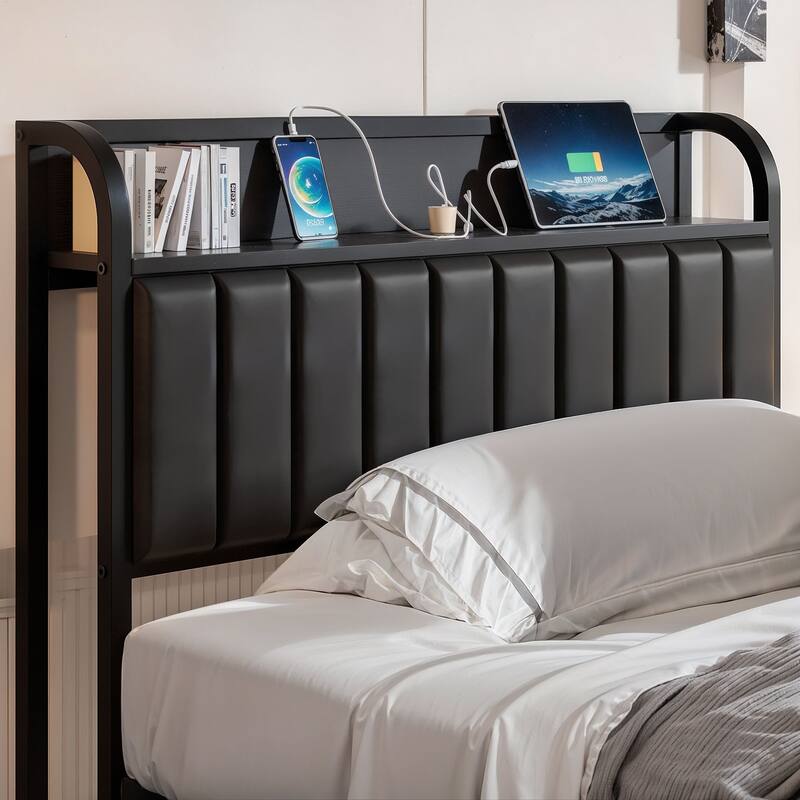 VECELO Upholstered Platform Bed Frame with Storage Headboard and Charging Station, Twin Full Queen Size