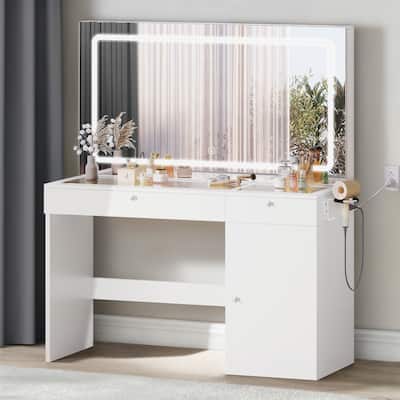 Moasis 47" Vanity Desk with LED and Power Outlets, Makeup Vanity Dressing Table with Dividers and Hair Dryer Rack