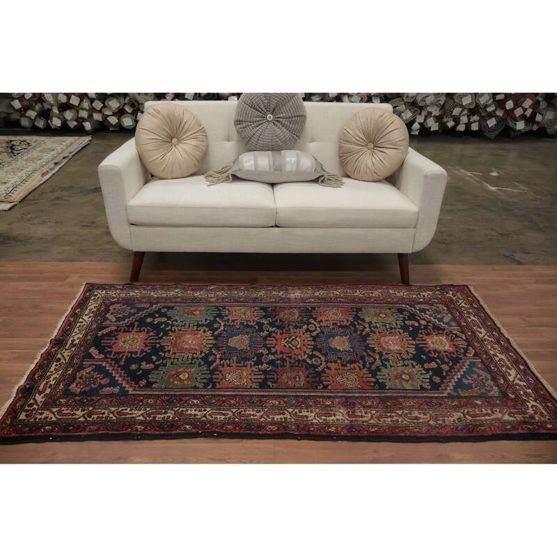 Hand Knotted Oriental 100% Wool Carpet Traditional Floral Navy Blue & Blues Malayer Runner Rug - 6' 6'' X 3' 5''