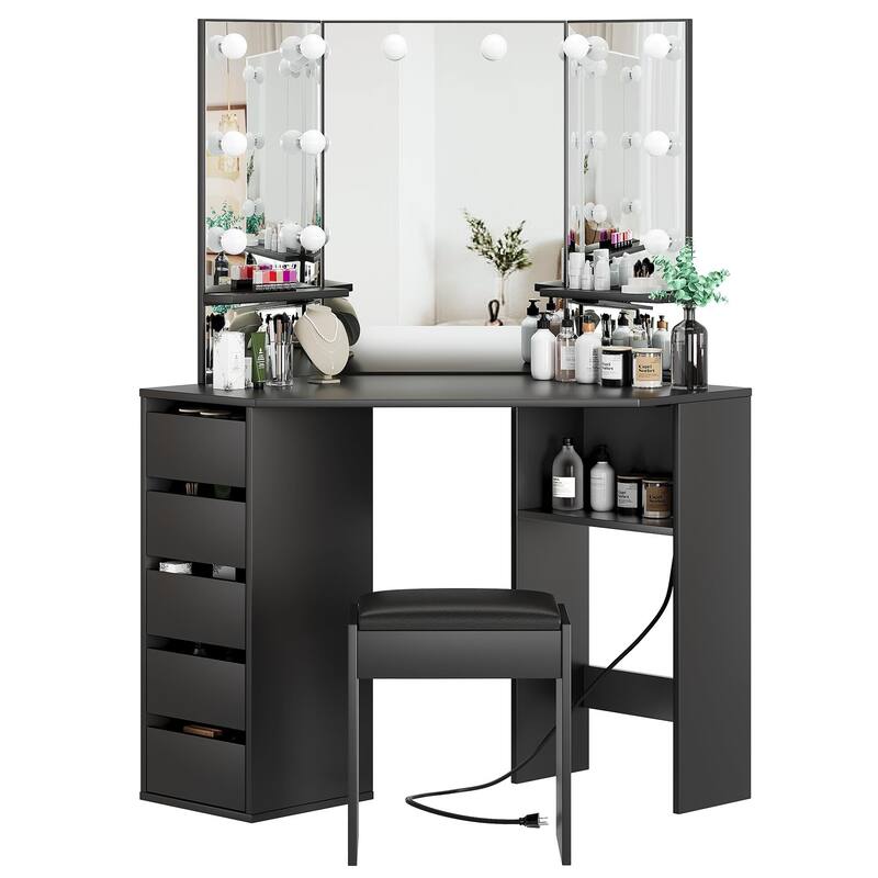 Corner Makeup Vanity Desk with Mirror and Lights