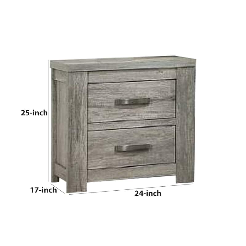 Wooden Nightstand with Two Drawers and Metal Bar Handles, Grey