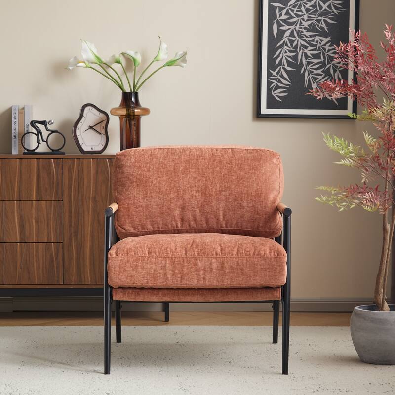 27.56" Modern Accent Chair with Plush Cushions, Minimalist Metal Frame, and Wooden Armrest Design