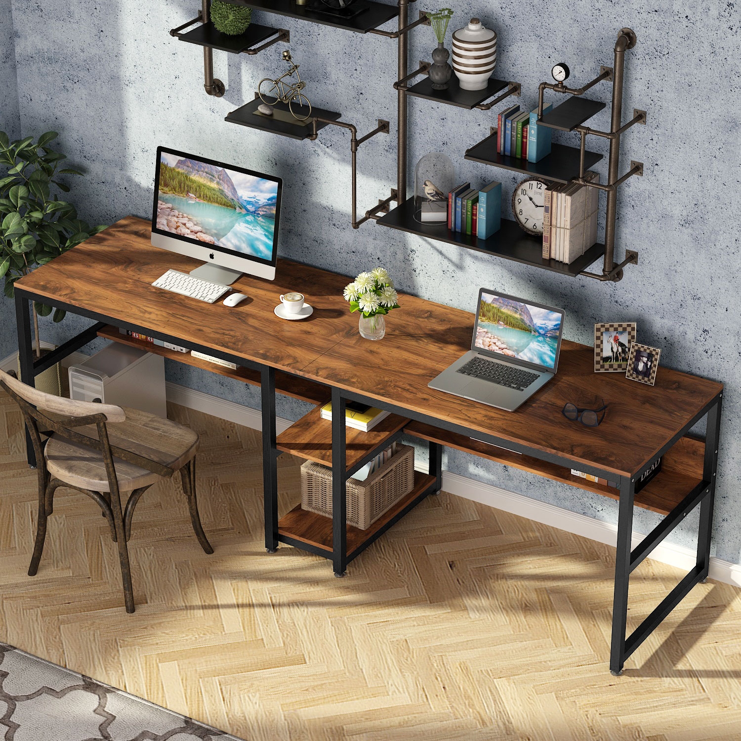 Double desk outlet with bookshelf
