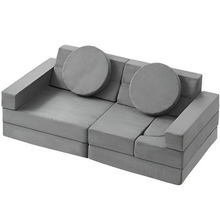 Pure Grey Velvet Modular Kids Sofa with Safe Zippers and 30 Combos - 53.1“L x 26.4” W x 18.5” H