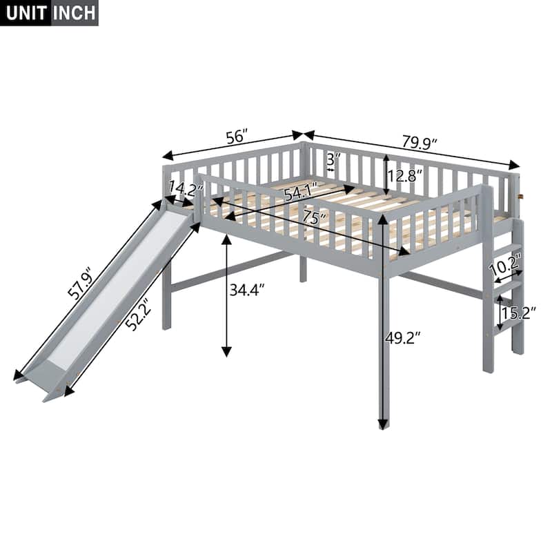 Full Size Low Loft Bed with Removable Slide and Space-Saving Ladder, Gray