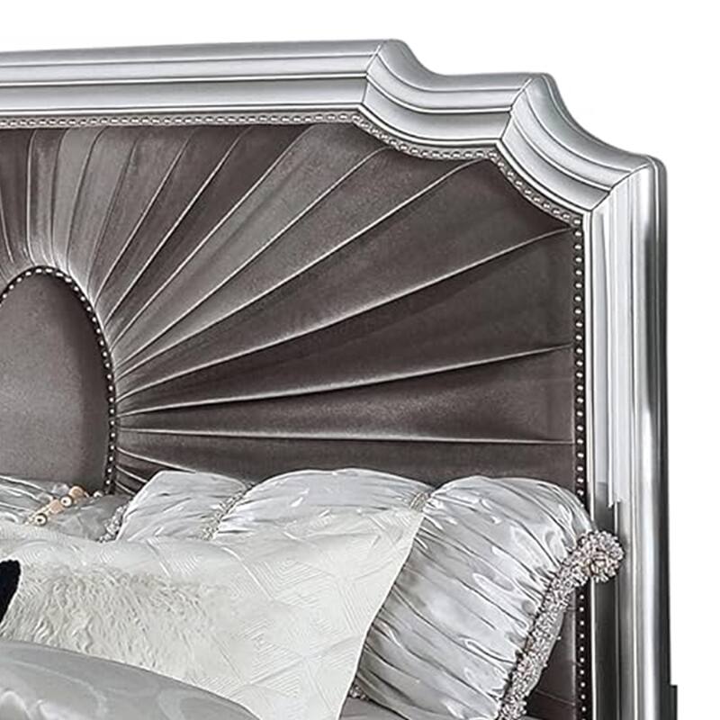 Xan Cal. King Bed, Silver Wood, Gray Pleated Velvet Upholstery
