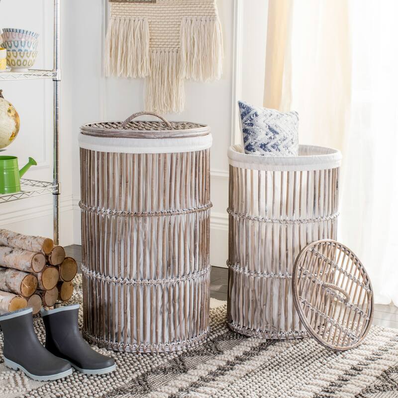 SAFAVIEH Andreia White Wash Rattan Storage Hamper with Liner - 17.7" x 17.7" x 29.5" - 18Wx18Dx30H