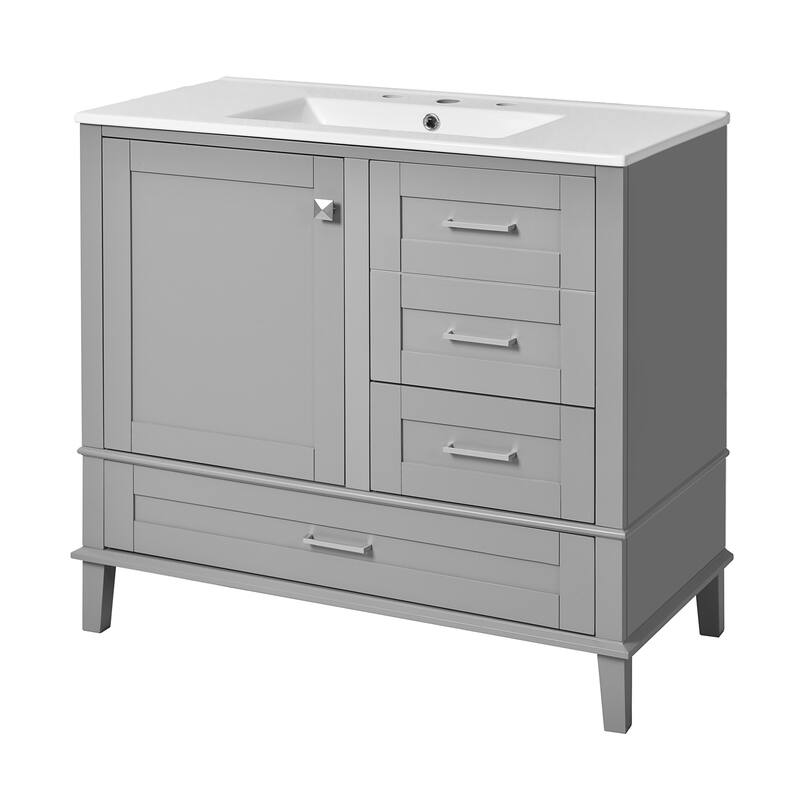 36" Bathroom Vanity with Solid Pine Frame, 1 Soft Close Door and 3 Drawers, Modern Storage Cabinet