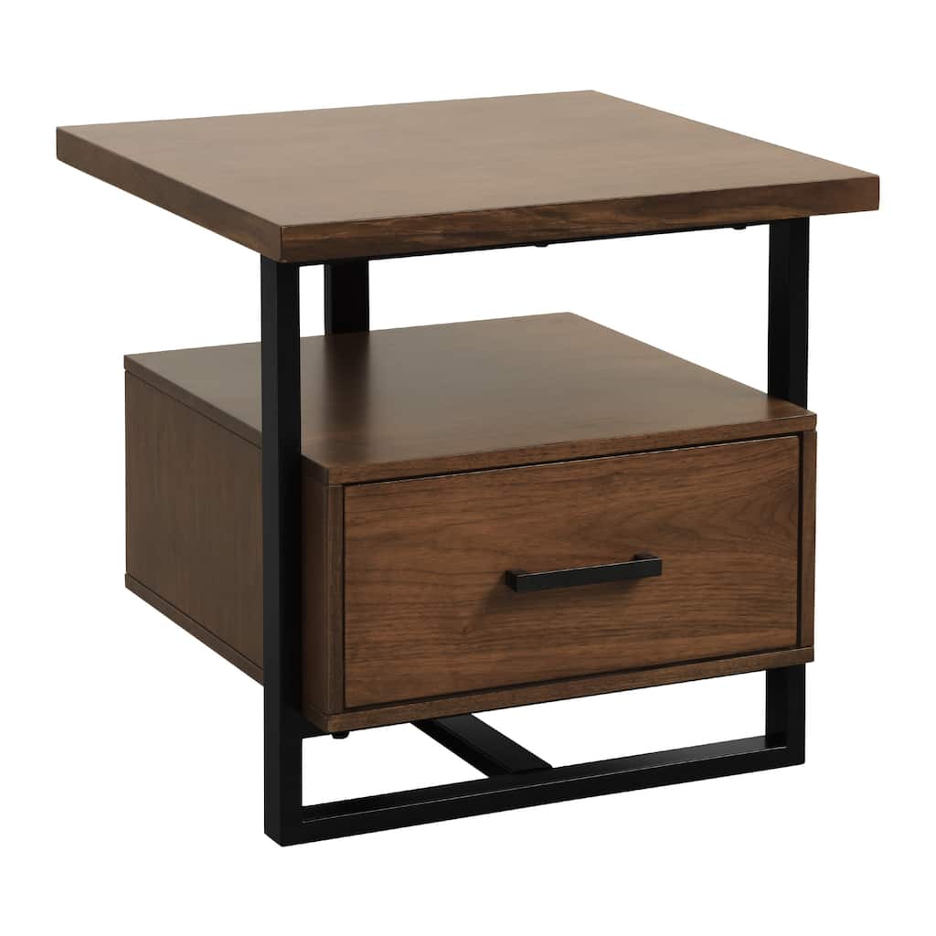 Voz Side End Table, Drawer and Open Shelf, Walnut Brown, Black 22 Inch