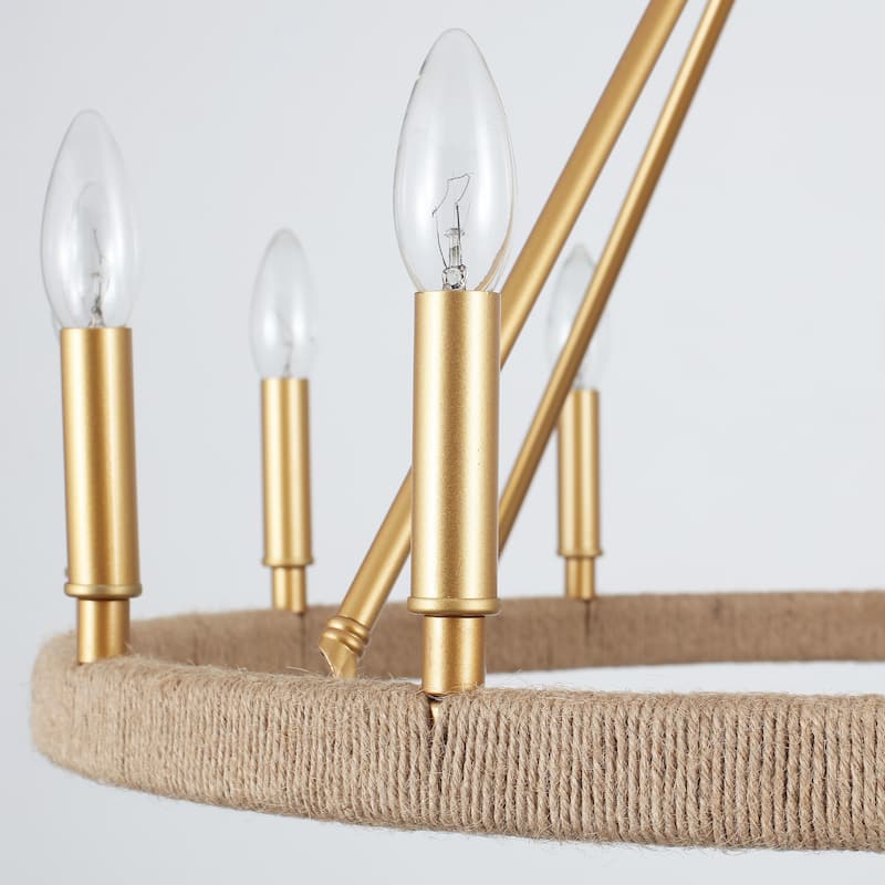 12-Light W26.77" x H78.74" Hemp Rope Wagon Wheel Chandelier for Living Room