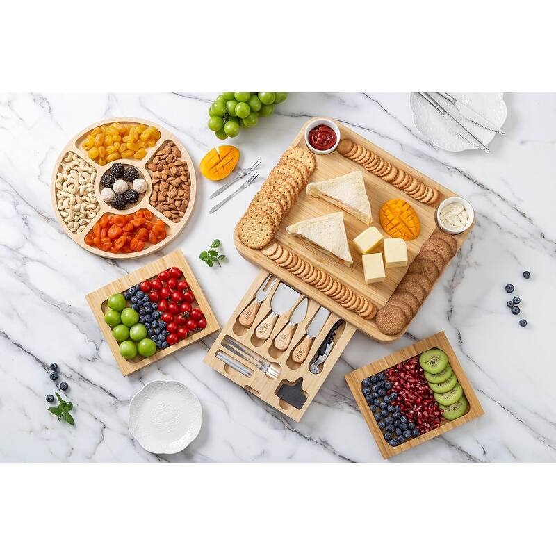 Rae Dunn Charcuterie Board & Accessories, Bamboo Cheese Board Set with Serving Forks and Platters, Cheese Knives Included