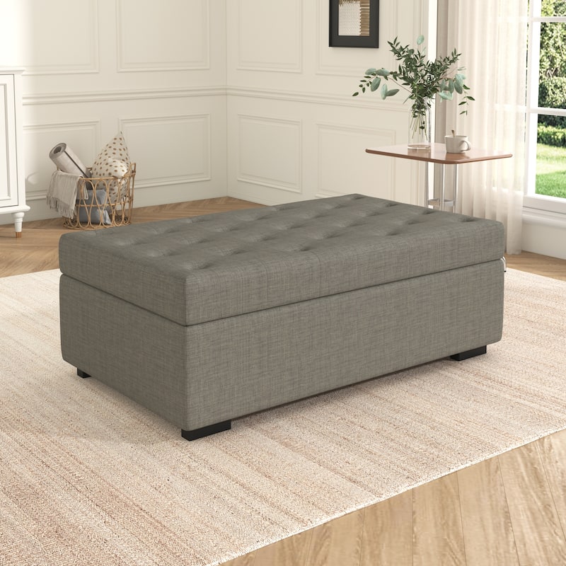 Tufted Sleeper Couch Settee, Ottoman with Folding Sofa Bed, Convertible Ottoman Sleeper with Memory Mattress - Gray