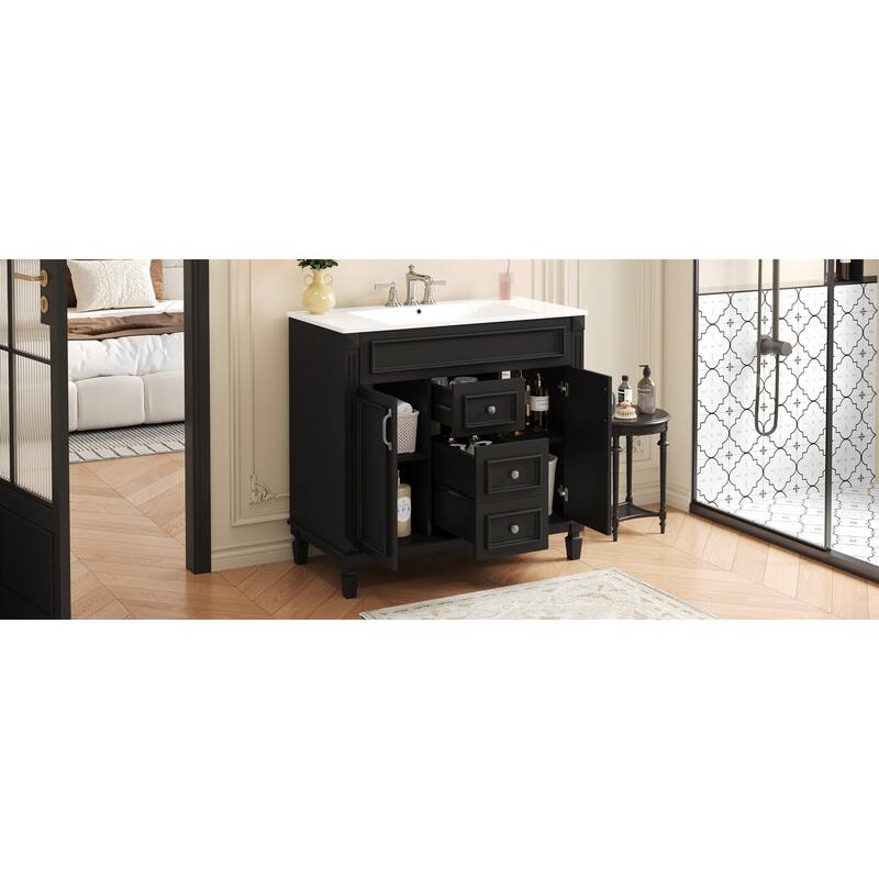 GDFStudio - Carrinford Modern Freestanding Bathroom Vanity with Ceramic Sink and 2 Soft Closing Doors & 2 Drawers