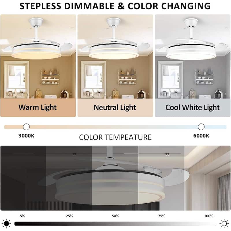 42 Inch Retractable Ceiling Fans with Lights, Modern LED Ceiling Fan Lights with Remote Control