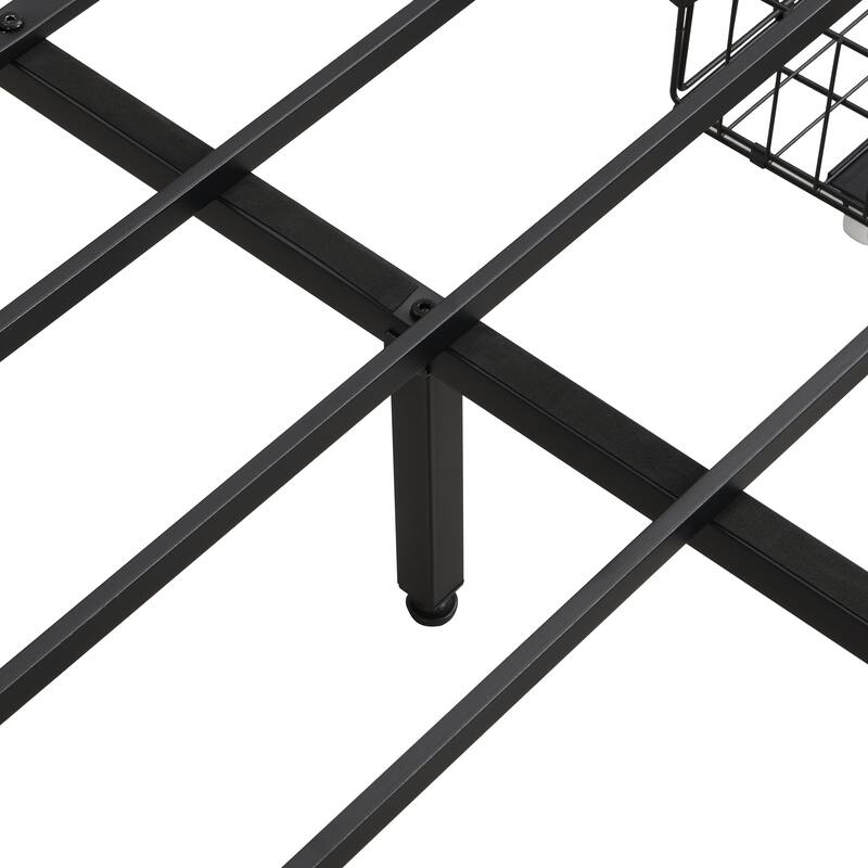 Black+Brown+Grey Full Size Metal Platform Bed with 4 Storage Drawers,LED Lights and Charging Station