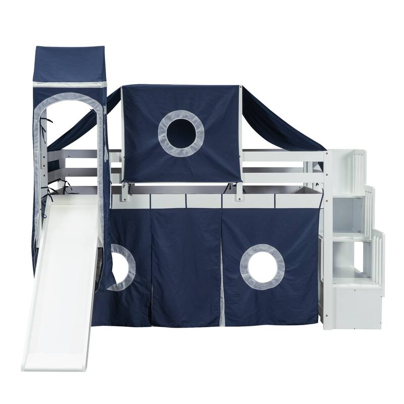 Blue Pine Wood Loft Bed with Storage Staircase and Slide, Tent and Tower, Full-Length Guardrail