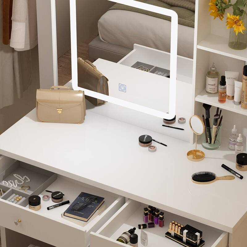 39.4"Wide Makeup Vanity Set with Stool and 3 Color Touching Mirror - 39.4"W