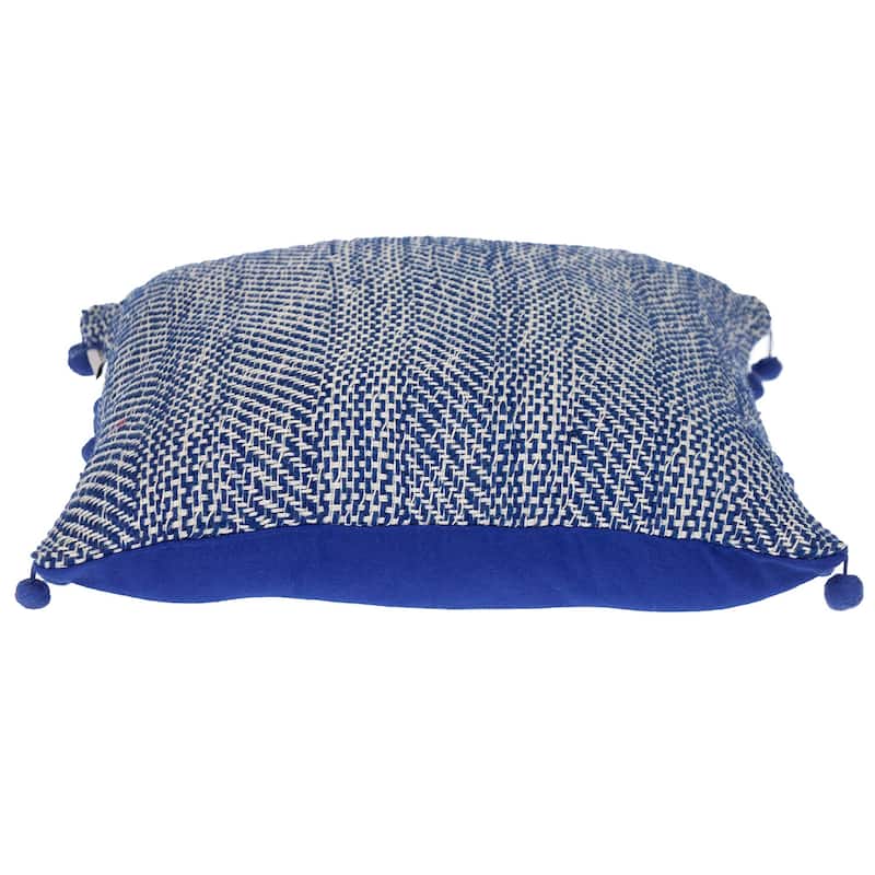 HomeRoots 18" Blue and White Weave Cotton Throw Pillow With Pom Poms