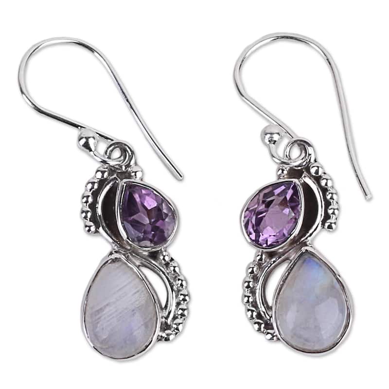 Handmade Amethyst and Rainbow Moonstone Dangle Earrings (India) - 1.4*0.4 - 1.4*0.4 - Purple - Purple - Moonstone - White