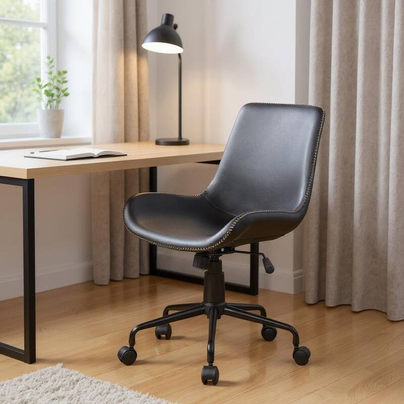 Black Upholstered Faux Leather and Steel Adjustable Swivel Rolling Office Chair - Black