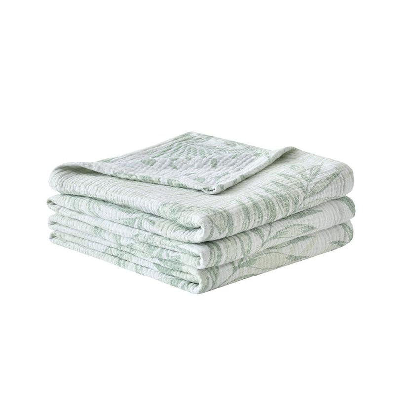 Vintage Cotton Muslin Throw Blanket, Reversible, Breathable for Indoor/Outdoor Use, Picnics, Bedding, or Chair Cover - 104x90" - Leaf