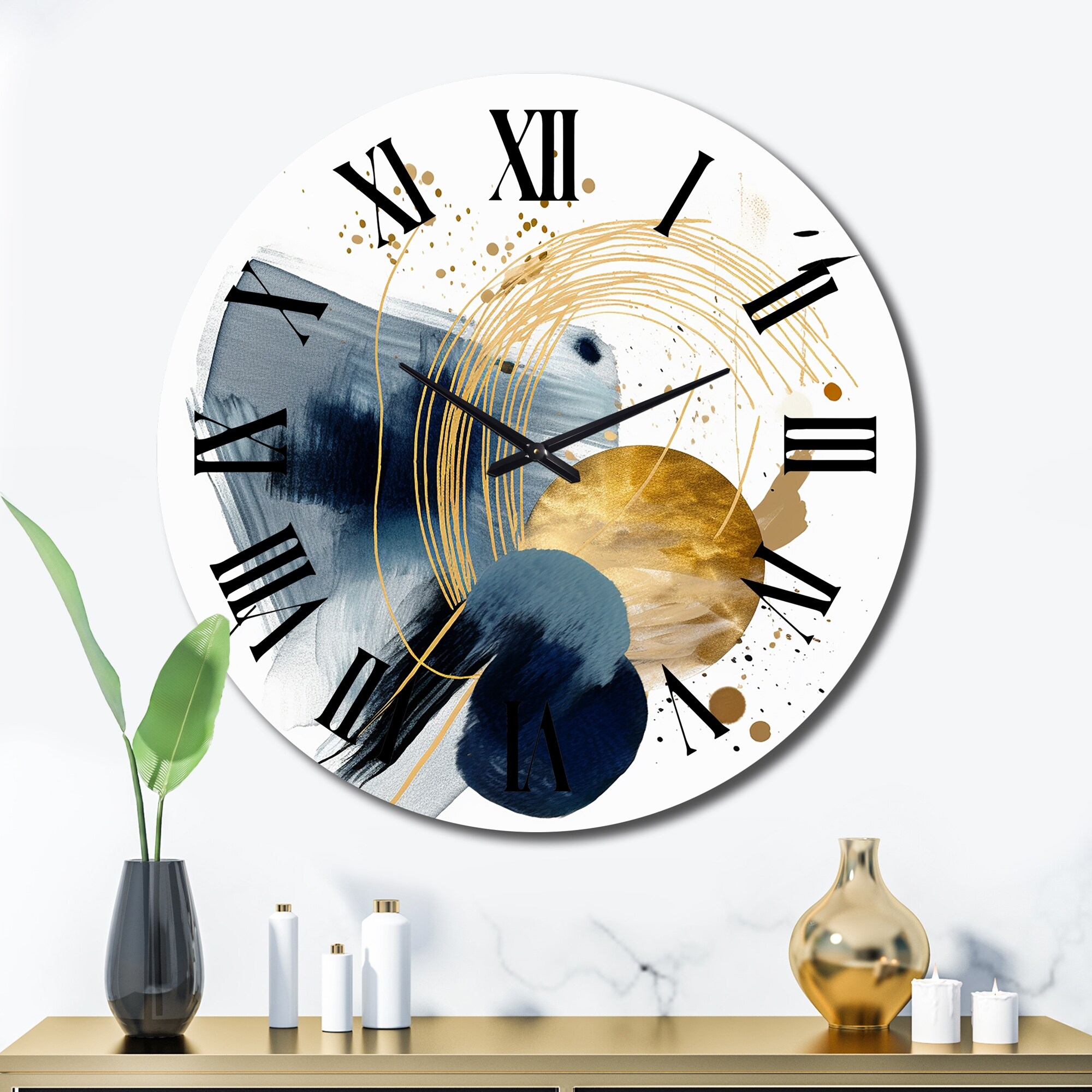 Designart "Landscape of Dark Blue and Gold Strokes III" Modern Geometric Oversized Wall Clock