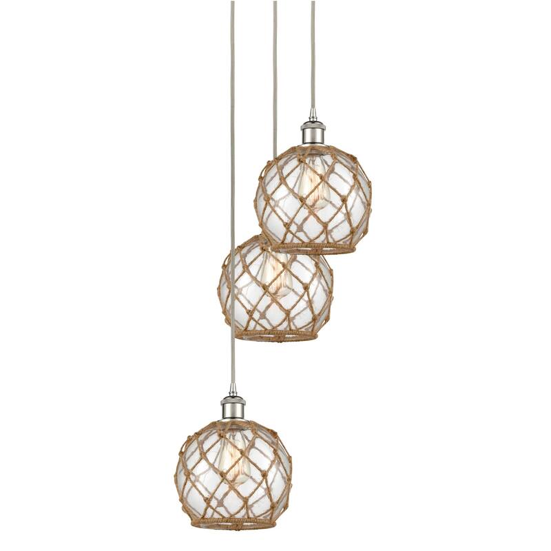 Innovations Lighting 113B-3P-31-15 Farmhouse Rope Pendant Farmhouse - Polished Nickel / Clear Glass with Brown Rope