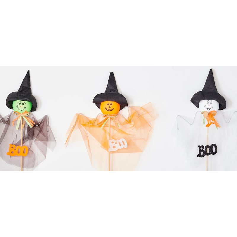 24" Halloween Figures, Ghost, Cat, Pumpkin, on Stick, Set of 3