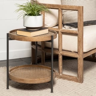 Kade III Natural Brown Solid Wood w/ Black Iron Frame Round End/Side Table