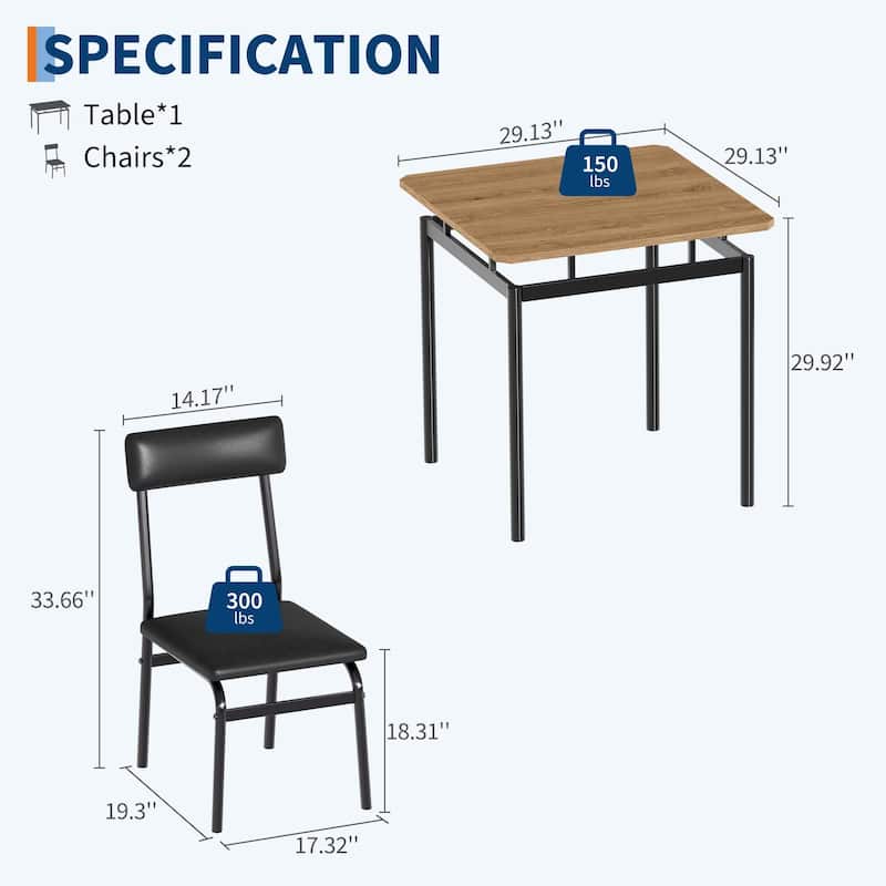 3 Piece Dining Table Set, with 2 PU Upholstered Chair
