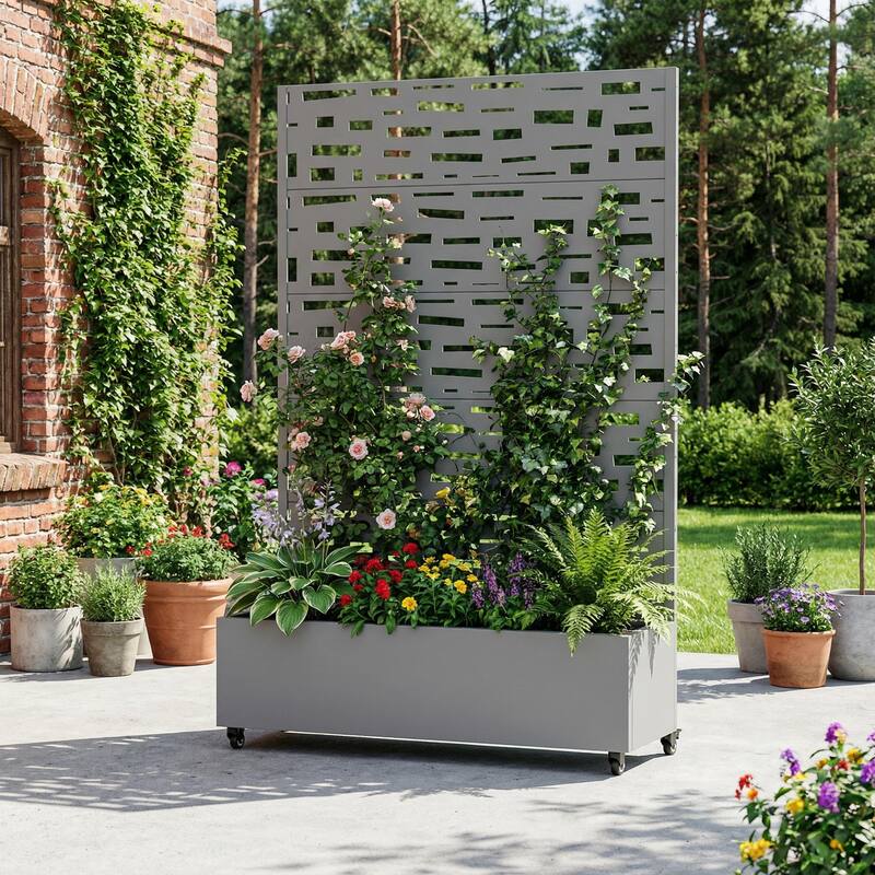 Raised Garden Bed Planter with Trellis Movable Planter Box with Lockable Wheels