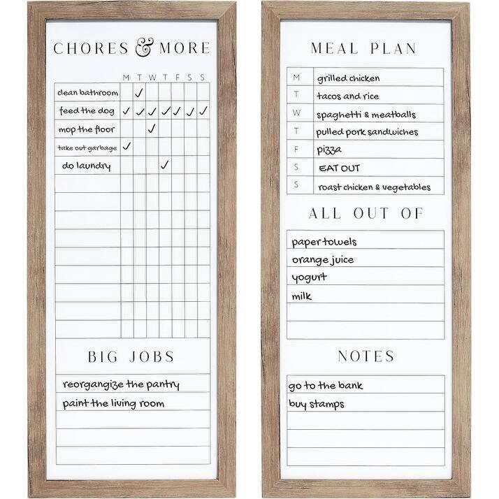 Sheffield Home Set of Two Family Planner Dry Erase Boards Featuring, Shopping List, Weekly Meal Planner and Notes, 9x21 Inch - Tan