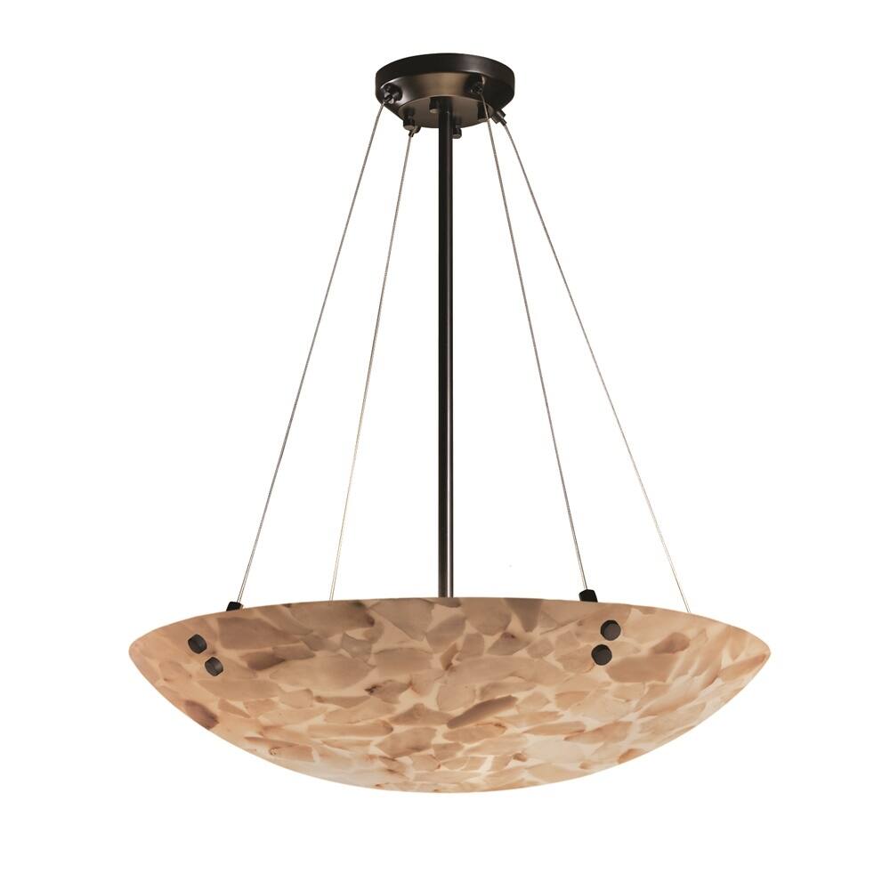 Alabaster Rocks! Finials 60-inch Matte Black Round Pendant Bowl with Pair Cylindrical Finials, Shaved Alabaster Rocks Shade