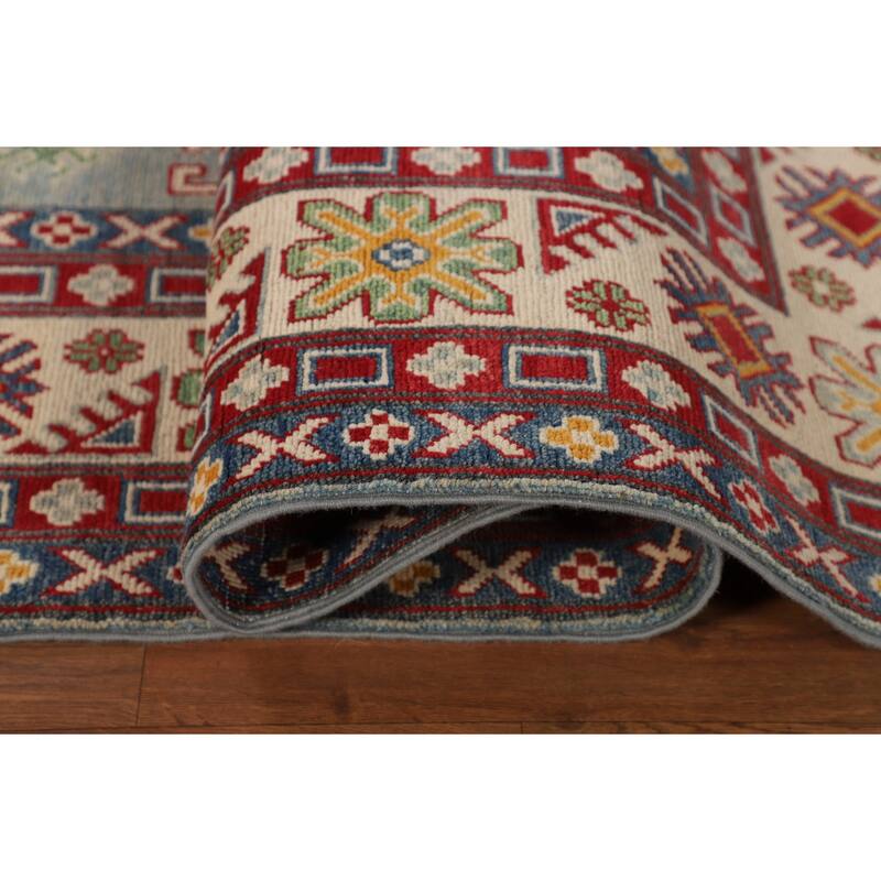 Hand Knotted Oriental 100% Wool Carpet Traditional Geometric Navy Blue & Blues Kazak Area Rug - 9' 8'' X 6' 6''