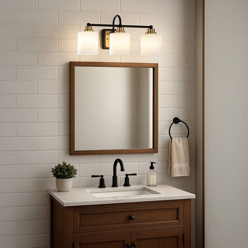 1/3-Light Modern Elegant Brass And Black Bathrooom Vanity Light With Milk White Glass Shades