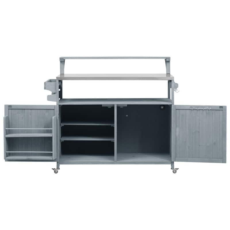 Outdoor Kitchen Island, Solid Wood Storage Cabinet with Stainless Steel Top and Lockable Wheels