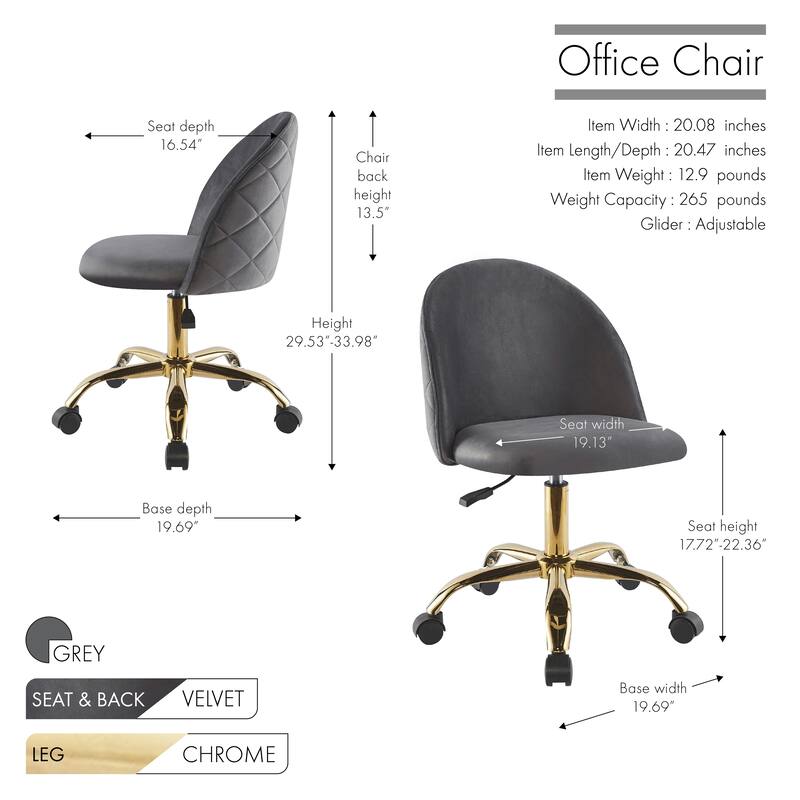 Porthos Home Hux Office Chair, Velvet Upholstery, Gold Chrome Legs