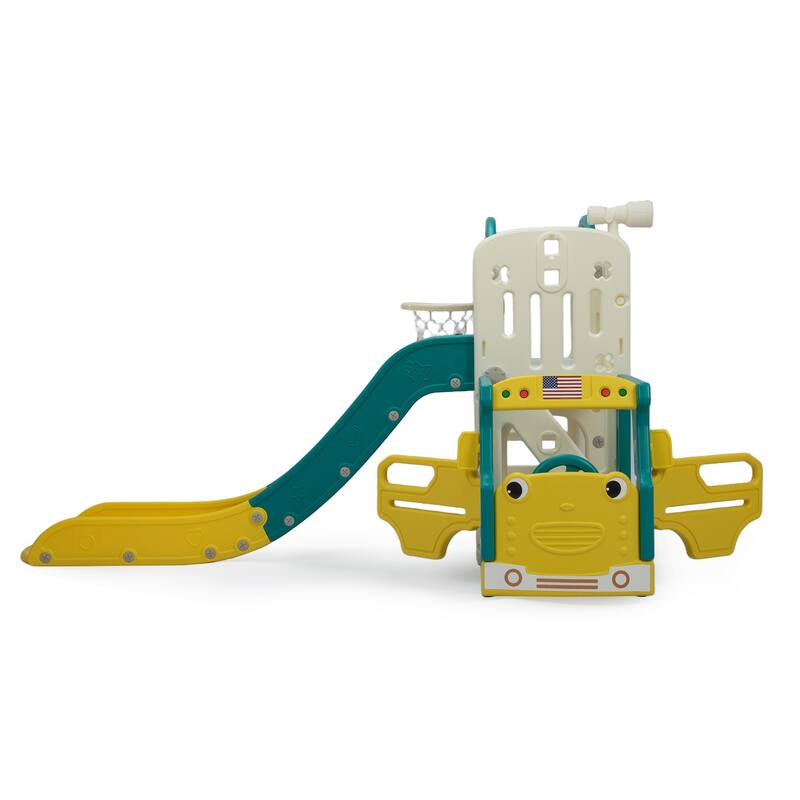 Bus-Themed 9-in-1 Kids Slide & Climbing Playset,Freestanding Castle Playhouse