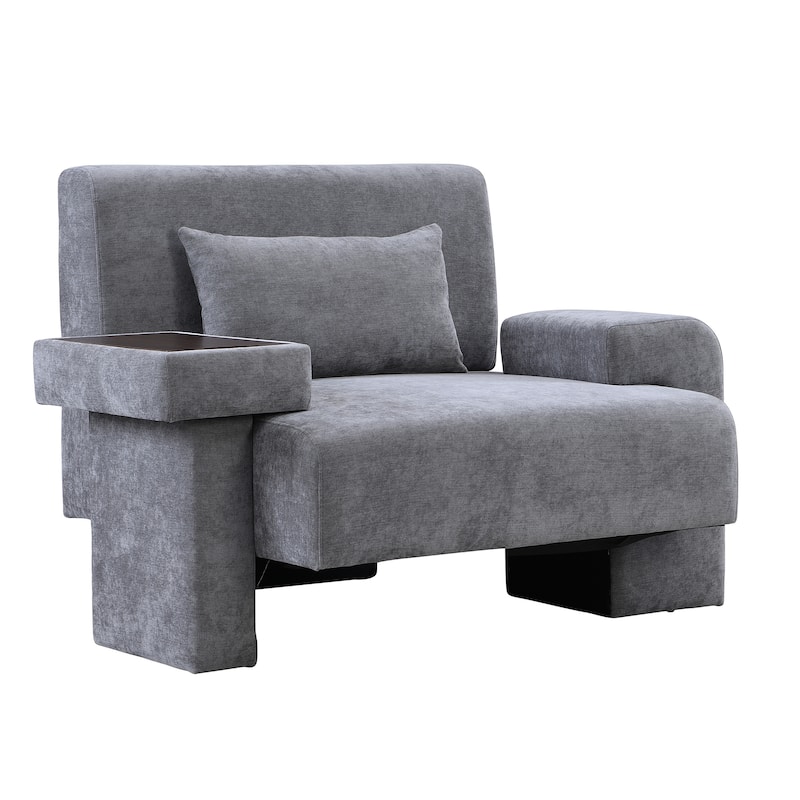 Modern Armchair Lounge Chair Sofa Chair with Built-In Storage, Wooden Table Armrest, Extra-Wide Seat