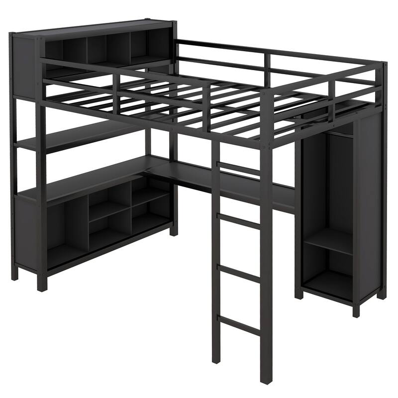 Black Full Size Metal Loft Bed with Wardrobe, L-shaped Desk, and Storage Cubes